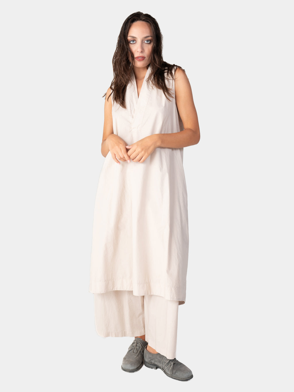 v neck cotton midi dress V-Neck Sleeveless Organic Cotton Midi Dress Oyster Grey / S