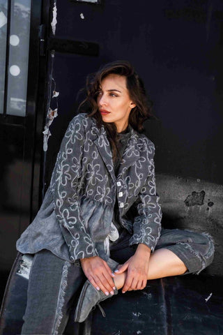 2-Fabric Jacket with Floral Embroidery - Baci Fashion