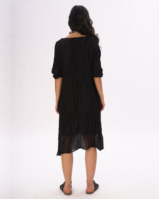 Crinkled Cotton Linen 3/4 Sleeve V-Neck Dress
