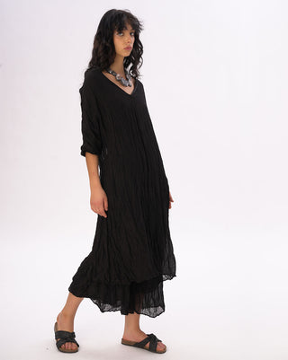 Crinkled Cotton Linen 3/4 Sleeve V-Neck Dress
