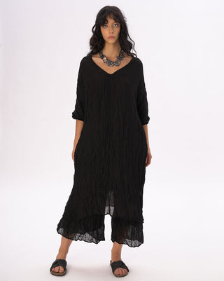Crinkled Cotton Linen 3/4 Sleeve V-Neck Dress