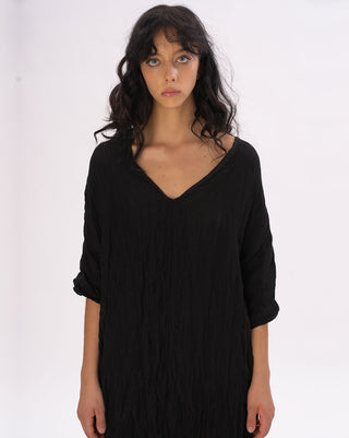 Crinkled Cotton Linen 3/4 Sleeve V-Neck Dress