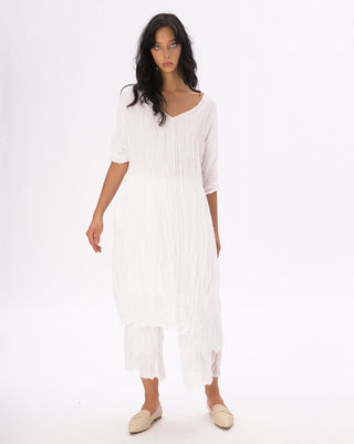 Crinkled Cotton Linen 3/4 Sleeve V-Neck Dress