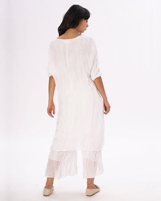Crinkled Cotton Linen 3/4 Sleeve V-Neck Dress