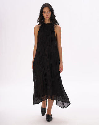 Mock Neck Crinkled Cotton Linen Tank Dress