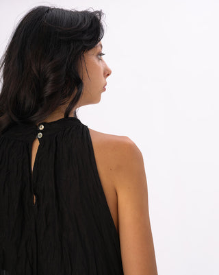 Mock Neck Crinkled Cotton Linen Tank Dress