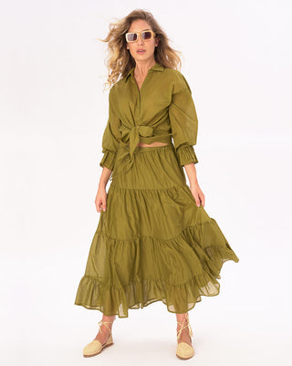 Tie Waist Cotton Button Up Shirt