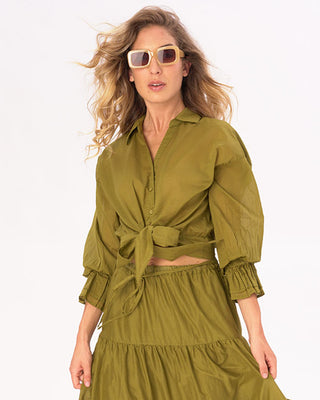 Tie Waist Cotton Button Up Shirt