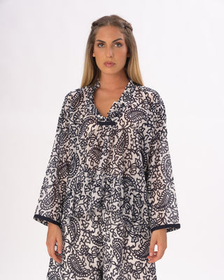 Ruffled Neck Paisley Floral Cotton Blouse