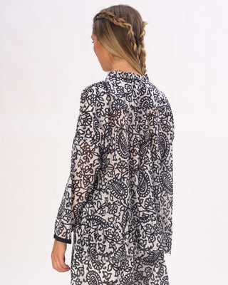 Ruffled Neck Paisley Floral Cotton Blouse