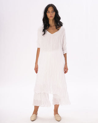 Crinkled Cotton Linen 3/4 Sleeve V-Neck Dress