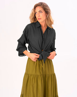 Tie Waist Cotton Button Up Shirt