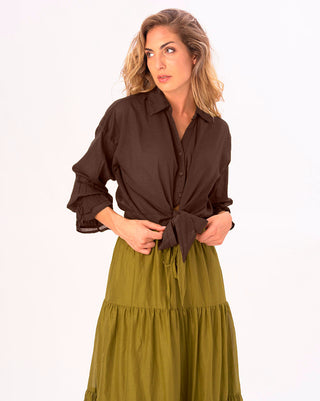 Tie Waist Cotton Button Up Shirt