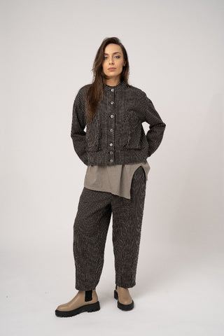 Cropped Band Collar Striped Jacket