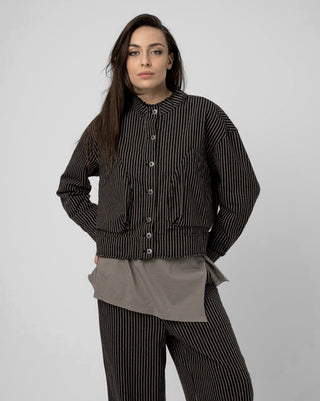 Cropped Band Collar Striped Jacket