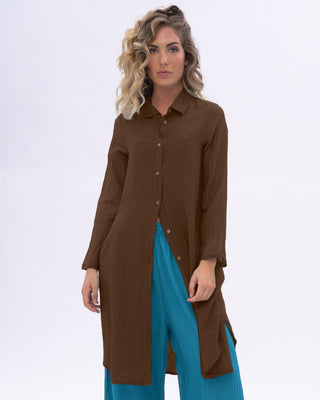 Cotton Silk Blend Pleated Sleeve Shirtdress