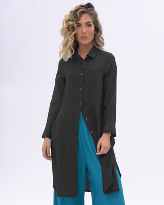 Cotton Silk Blend Pleated Sleeve Shirtdress
