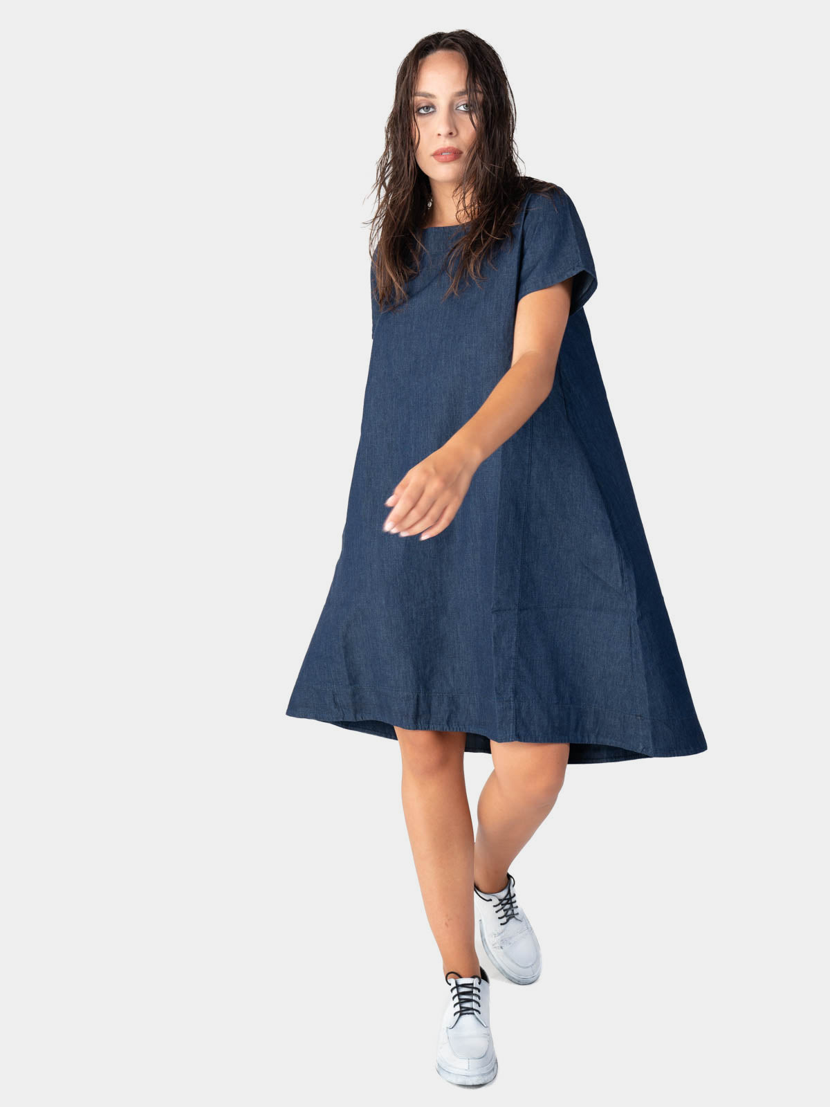 round neck denim dress Round Neck Denim Overall Dress