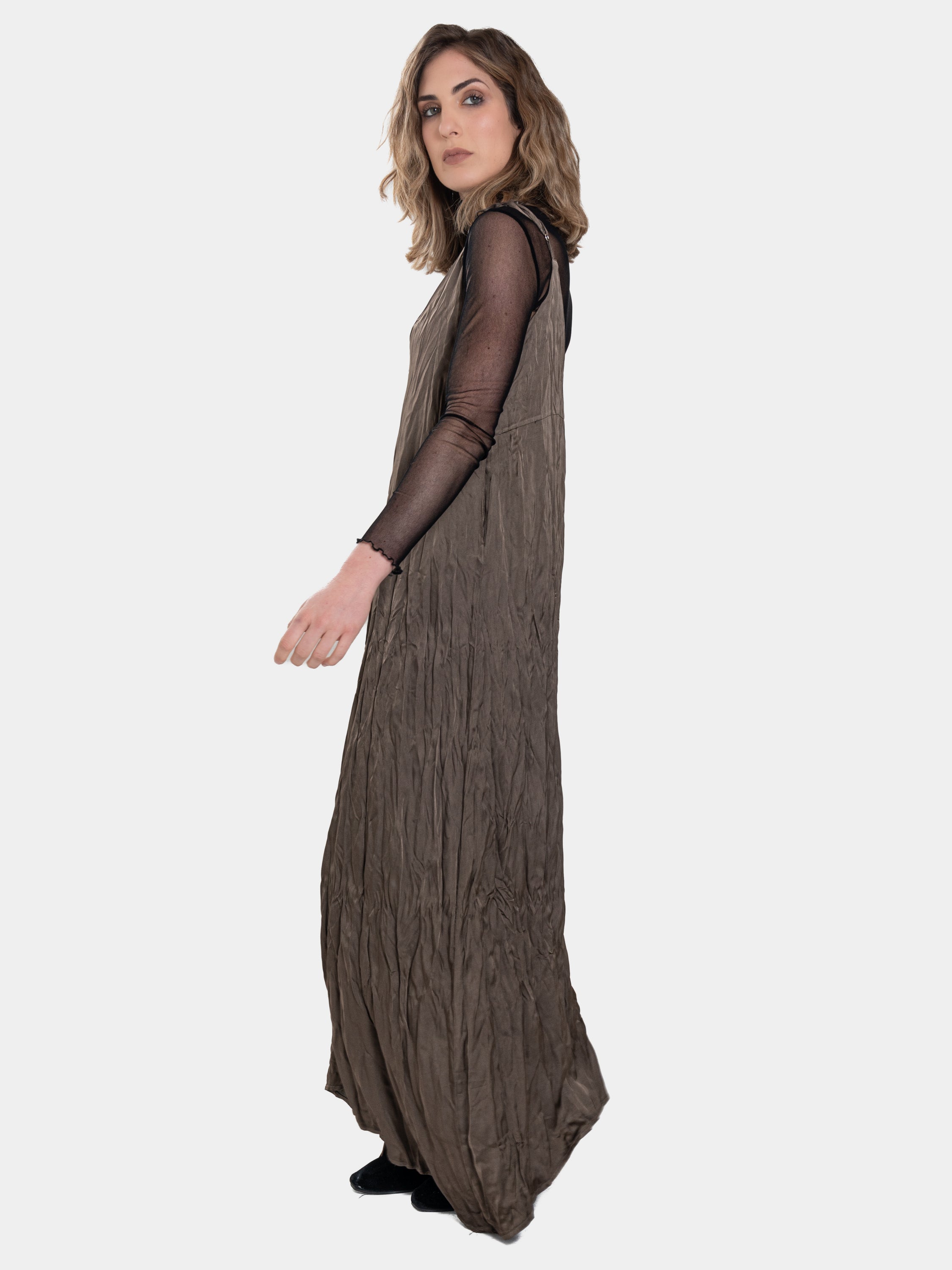 crinkled satin dress Crinkled Satin Tank Dress in Black