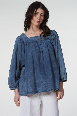 Denim Blouse with Square Neckline