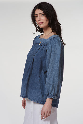 Denim Blouse with Square Neckline