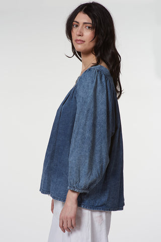 Denim Blouse with Square Neckline
