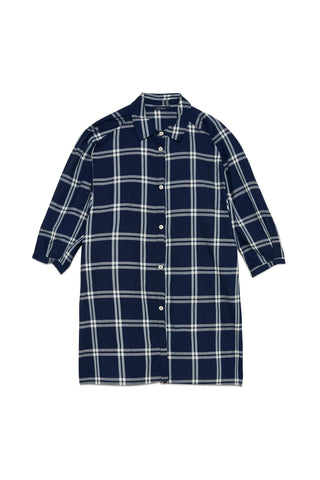 Navy and white plaid shirt dress on a white background