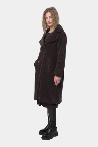 a model in a brown coat against a white background 