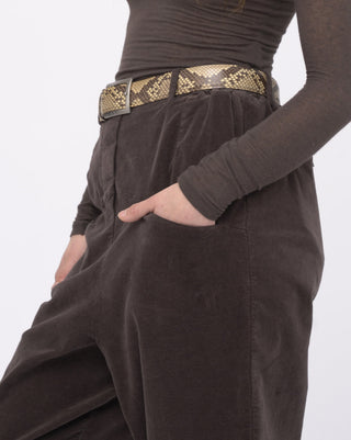 Brown pants with a patterned belt on a white background