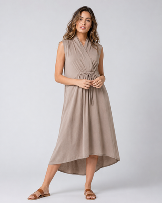 Sleeveless-Drawstring-Wrap-Dress in Khaki by baci fashion