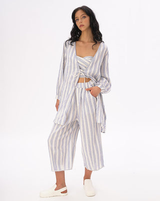 a model wearing a light blue and white striped outfit against a white background