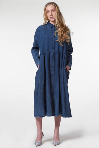 denim button front midi shirt dress Women's Pleated Waist Denim Shirt Dress Medium Wash / L