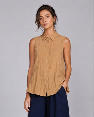 Cotton Crinkled Sleeveless Button-Up Shirt - Baci Fashion