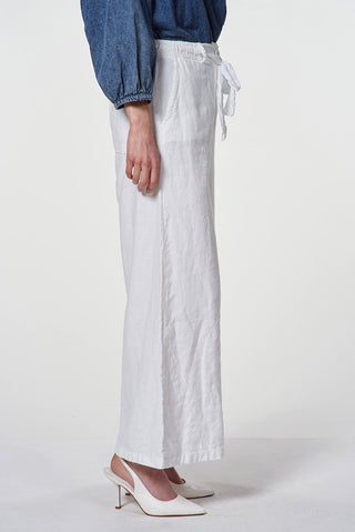 Cotton Linen Blend Palazzo Pants with Tie Waistband - Baci Fashion
