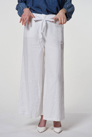 Cotton Linen Blend Palazzo Pants with Tie Waistband - Baci Fashion