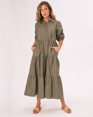 Cotton Tiered Waist Button Up Shirtdress - Baci Fashion