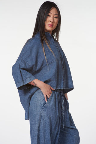 Cropped Hi - Lo Denim Shirt - Baci Fashion