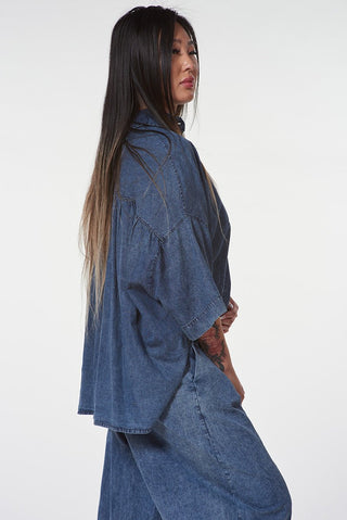 Cropped Hi - Lo Denim Shirt - Baci Fashion