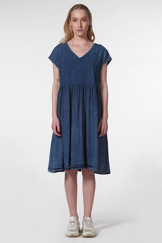 Denim V - Neck Dress with Cap Sleeves - Baci Fashion