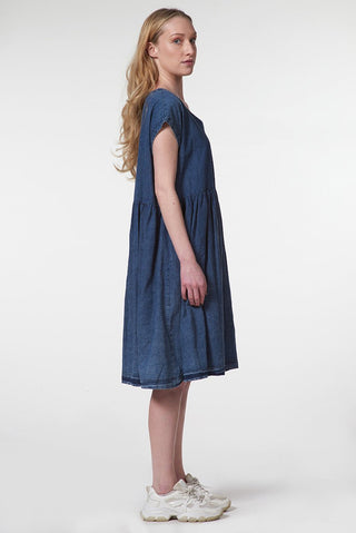 Denim V - Neck Dress with Cap Sleeves - Baci Fashion