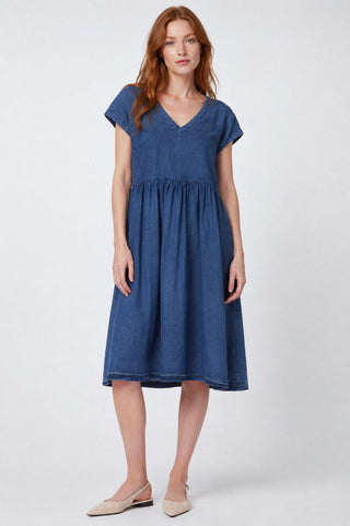 Denim V-Neck Dress with Cap Sleeves - Baci Fashion