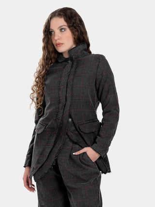 Double Placket Raw Edge Plaid Jacket - Baci Fashion