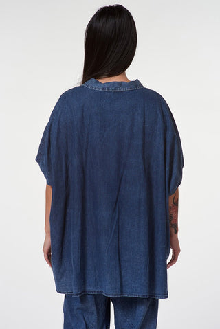 Drop Shoulder Denim Shirt with High - Low Hemline - Baci Fashion