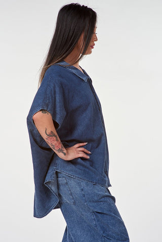 Drop Shoulder Denim Shirt with High - Low Hemline - Baci Fashion