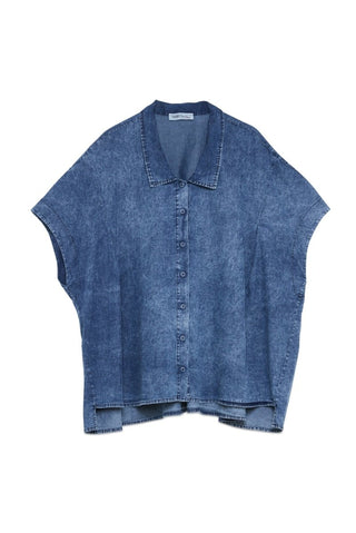Drop Shoulder Denim Shirt with High - Low Hemline - Baci Fashion