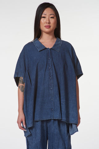 Drop Shoulder Denim Shirt with High - Low Hemline - Baci Fashion