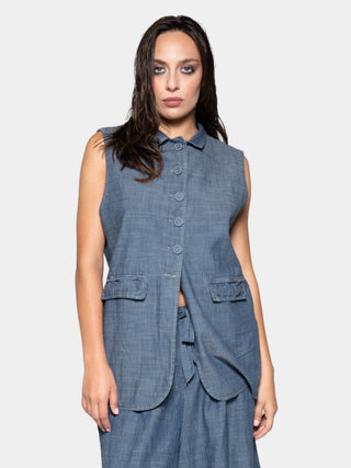 Flap Pocket Denim Look Vest - Baci Fashion