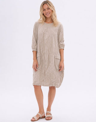 Flap Pocket Pleated Crinkled Dress - Baci Fashion