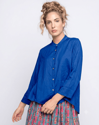Hi-lo Button-Up Band Collar Shirt - Baci Fashion