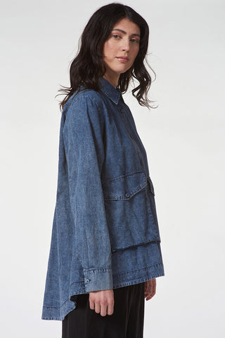 Hi - Lo Swing Denim Jacket with Bellow Pockets - Baci Fashion